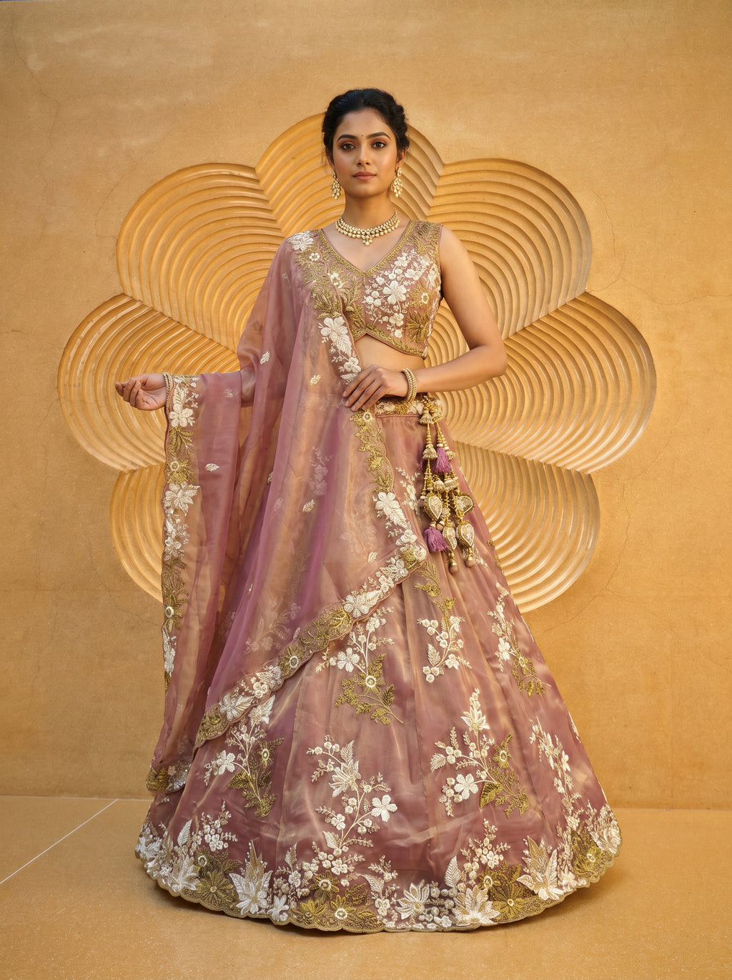 Rosegold Tissue Lahenga with beads sequince Embroidery