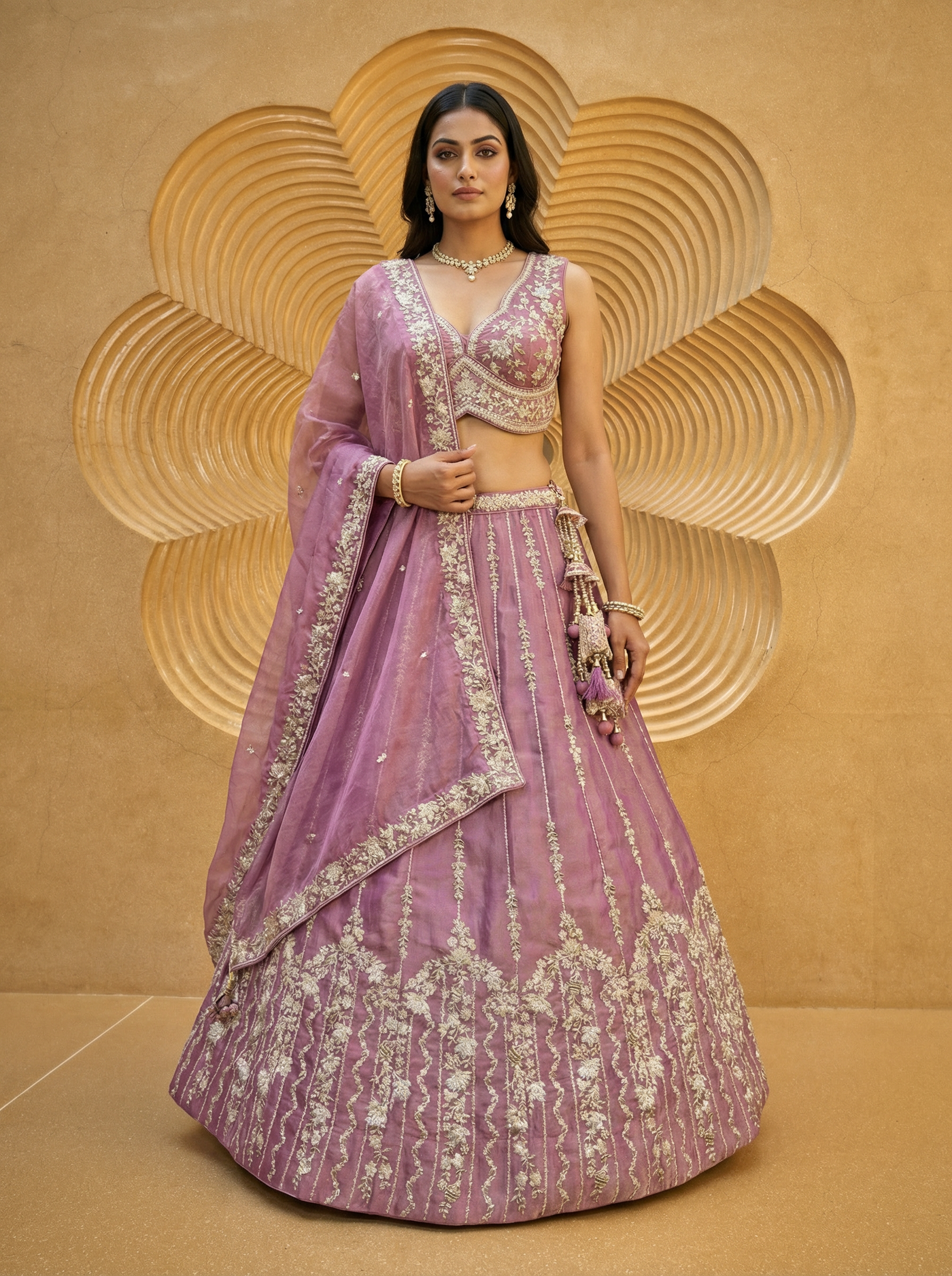 Pink Chiffon Lahenga with Zari Embroidery