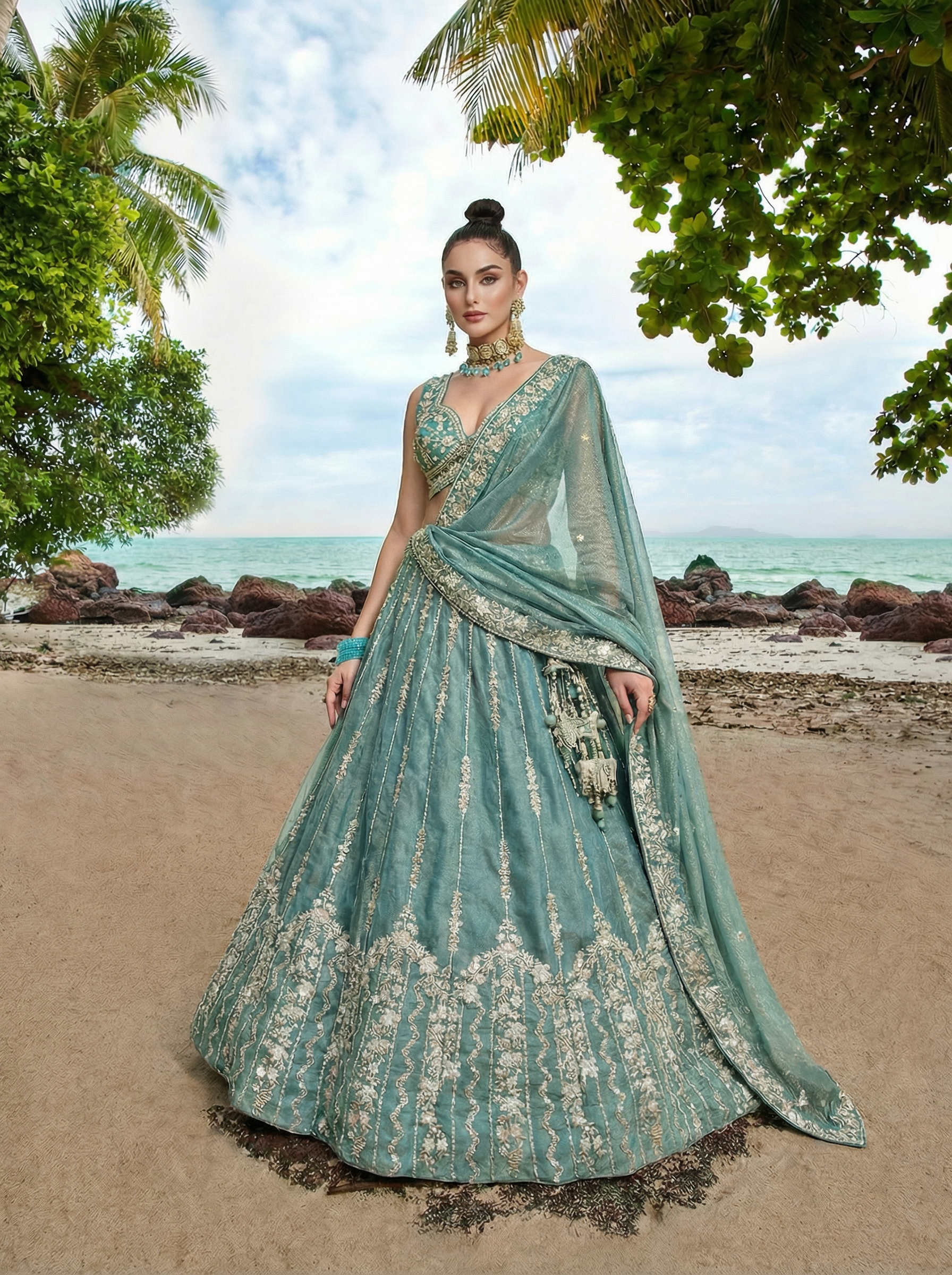 Turquoise Chiffon Lahenga with Zari Embroidery