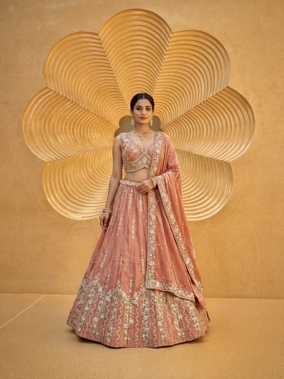 Rusty Orange Chiffon Lahenga with Zari Embroidery