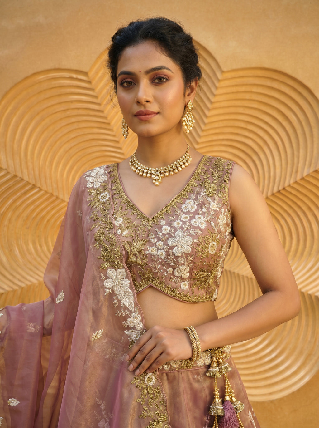 Rosegold Tissue Lahenga with beads sequince Embroidery