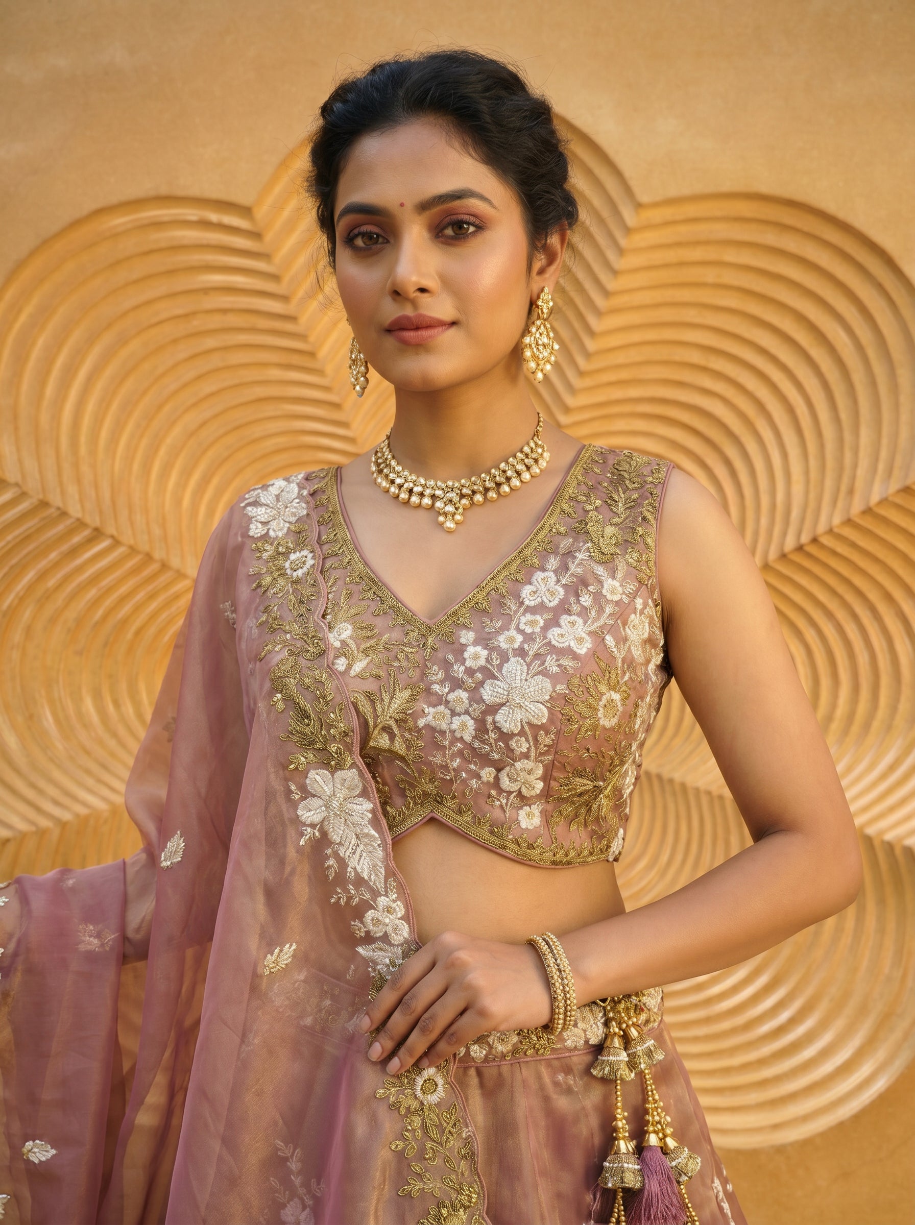 Rosegold Tissue Lahenga with beads sequince Embroidery