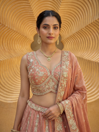 Rusty Orange Chiffon Lahenga with Zari Embroidery