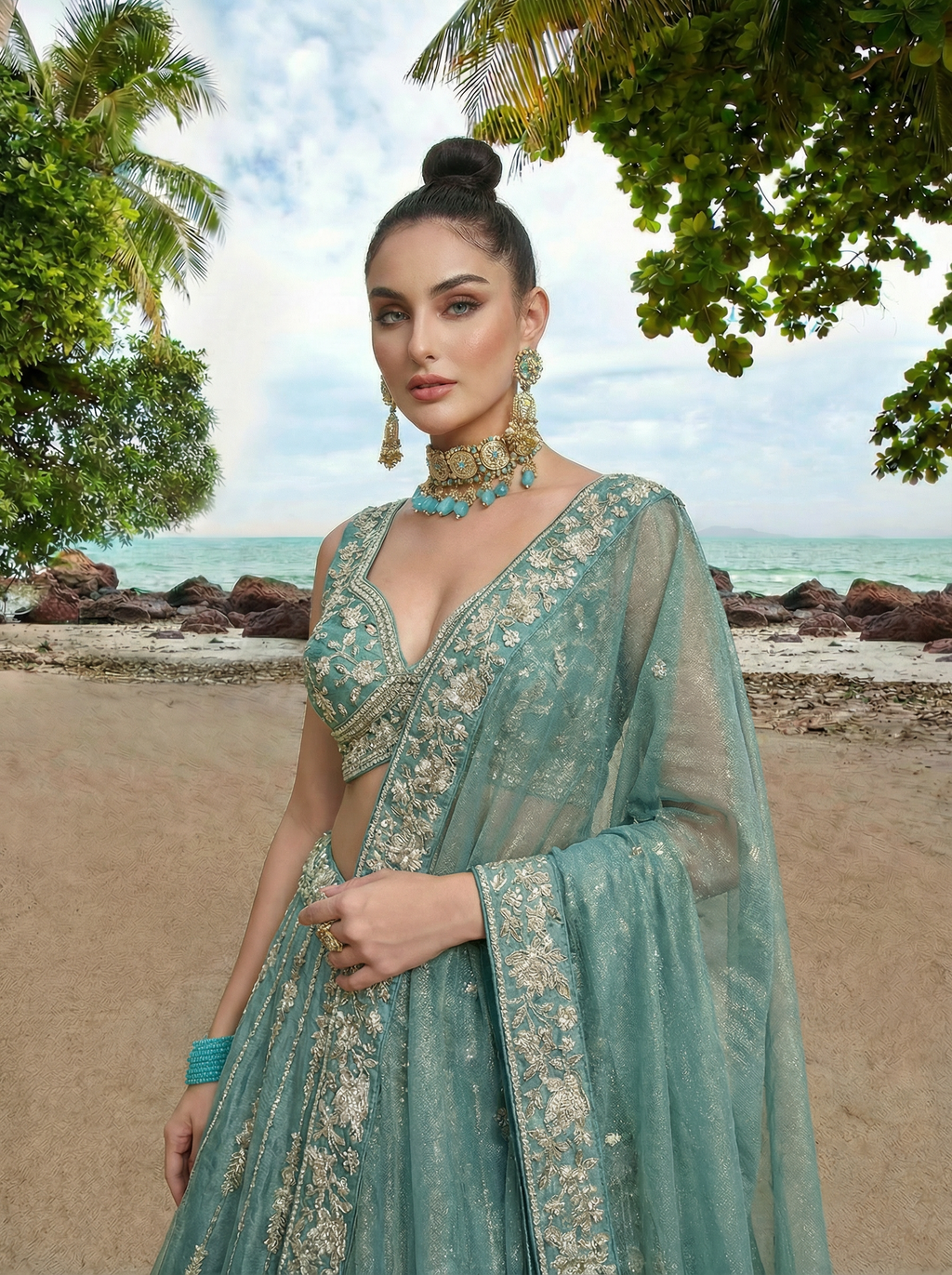 Turquoise Chiffon Lahenga with Zari Embroidery