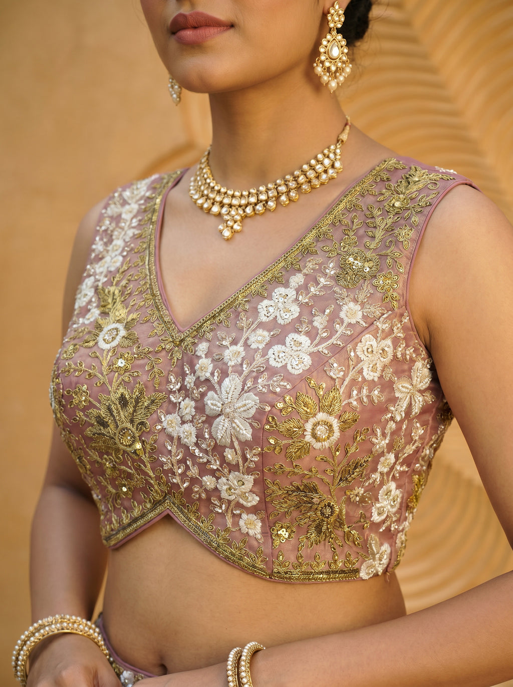 Rosegold Tissue Lahenga with beads sequince Embroidery
