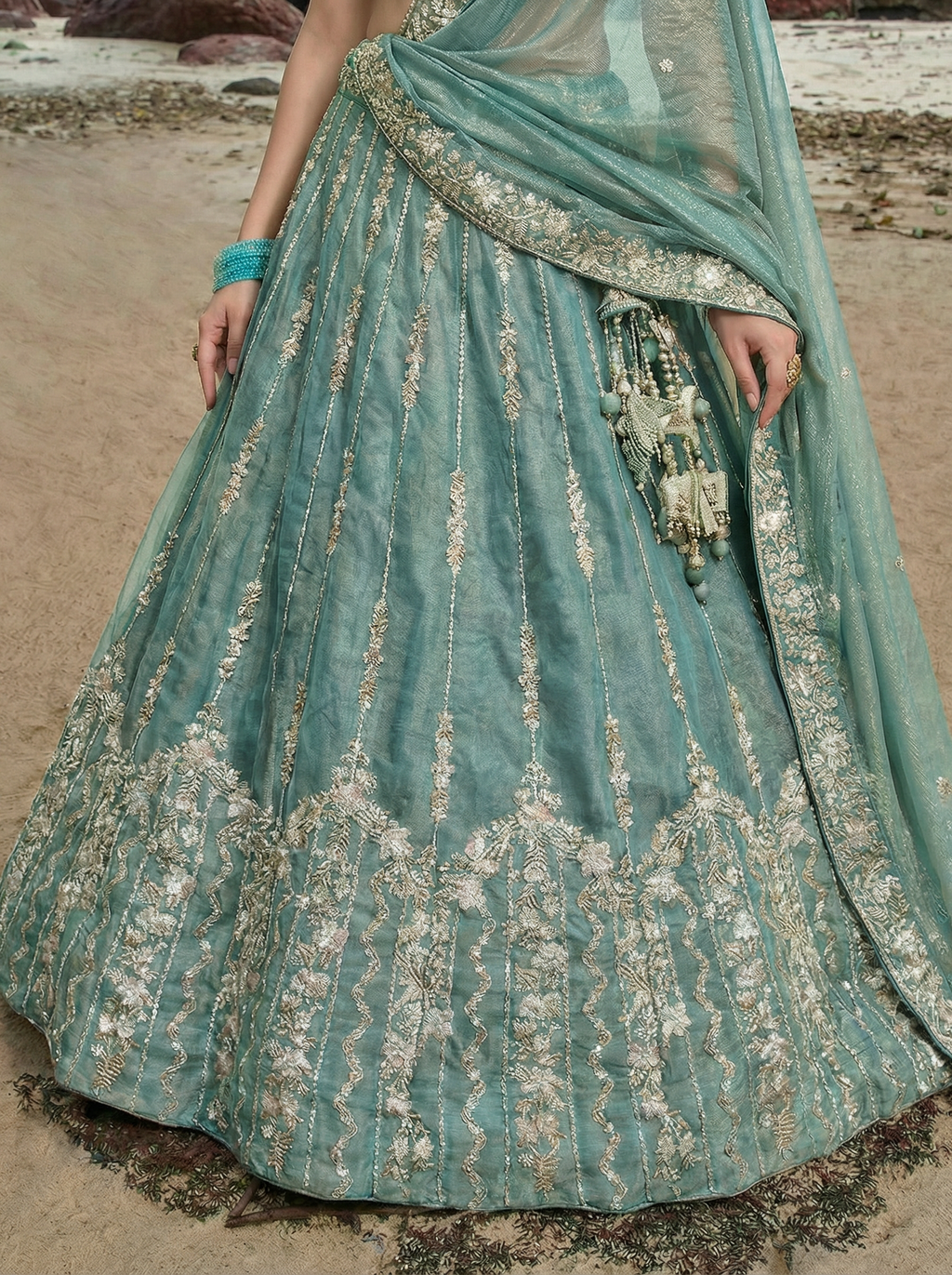 Turquoise Chiffon Lahenga with Zari Embroidery