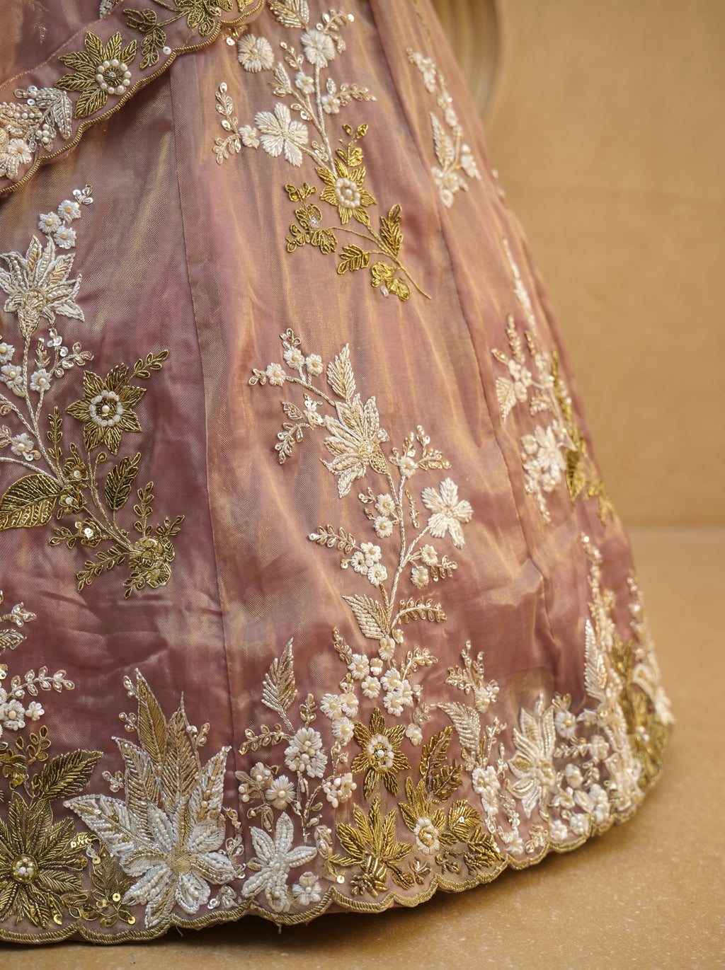 Rosegold Tissue Lahenga with beads sequince Embroidery