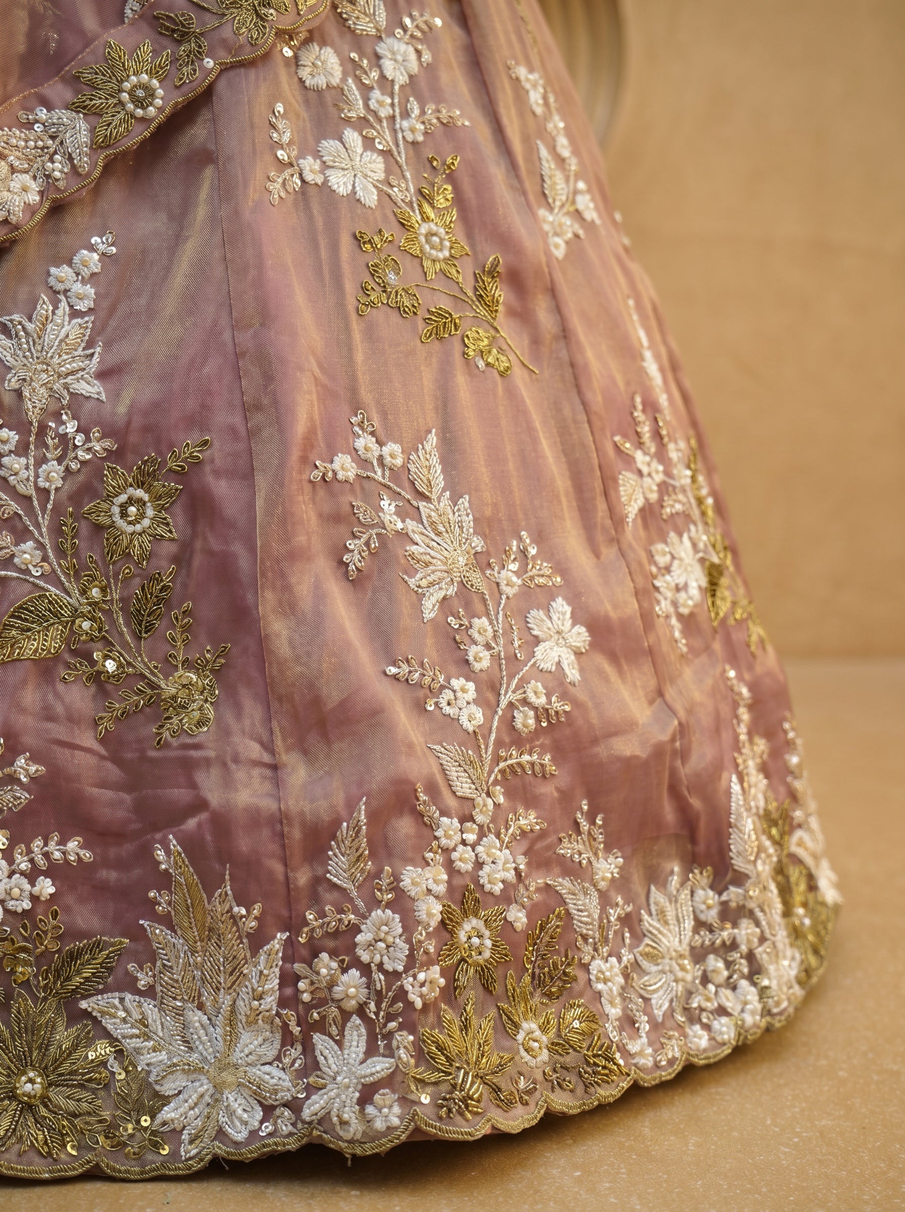 Rosegold Tissue Lahenga with beads sequince Embroidery