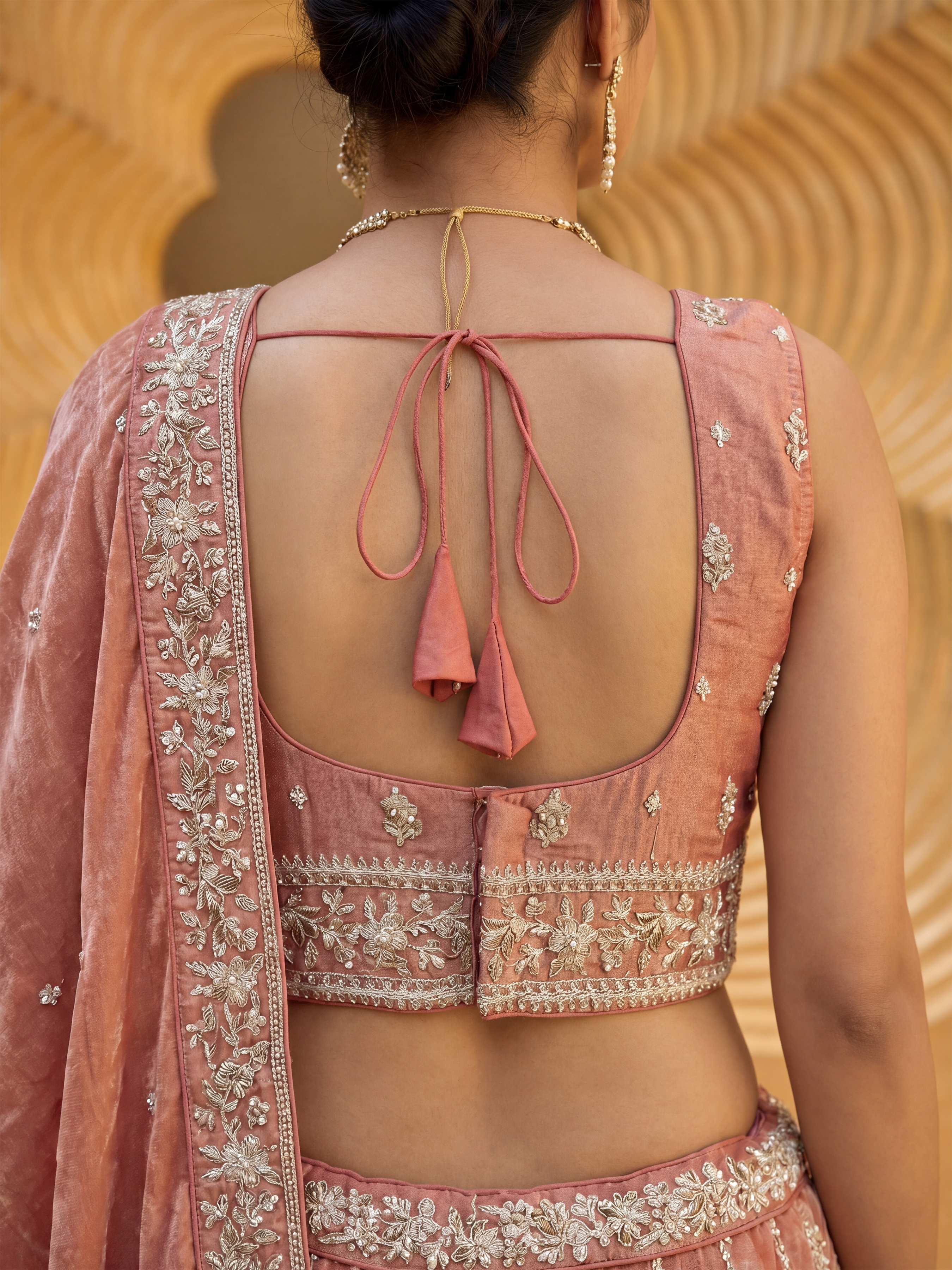 Rusty Orange Chiffon Lahenga with Zari Embroidery
