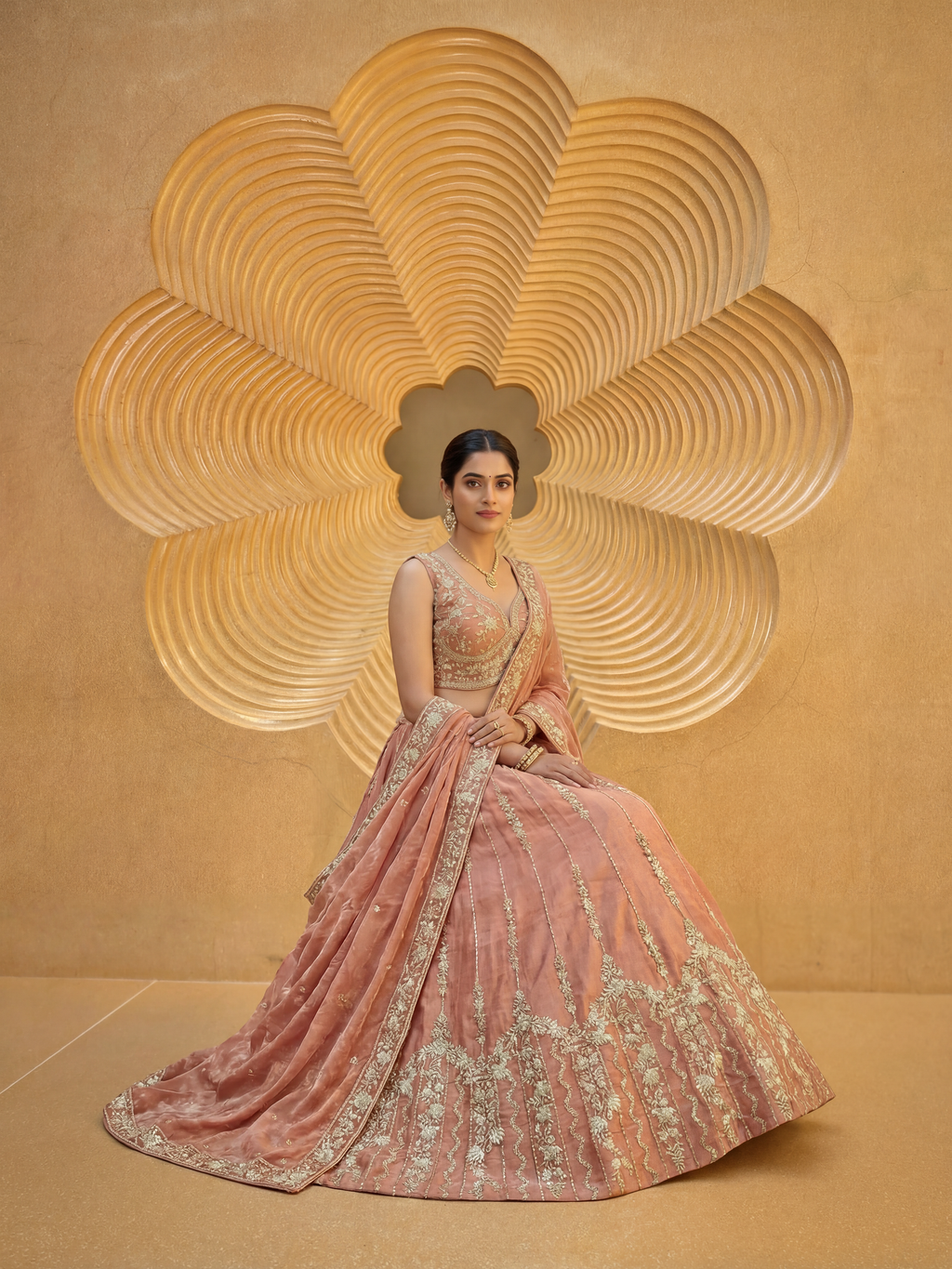 Rusty Orange Chiffon Lahenga with Zari Embroidery