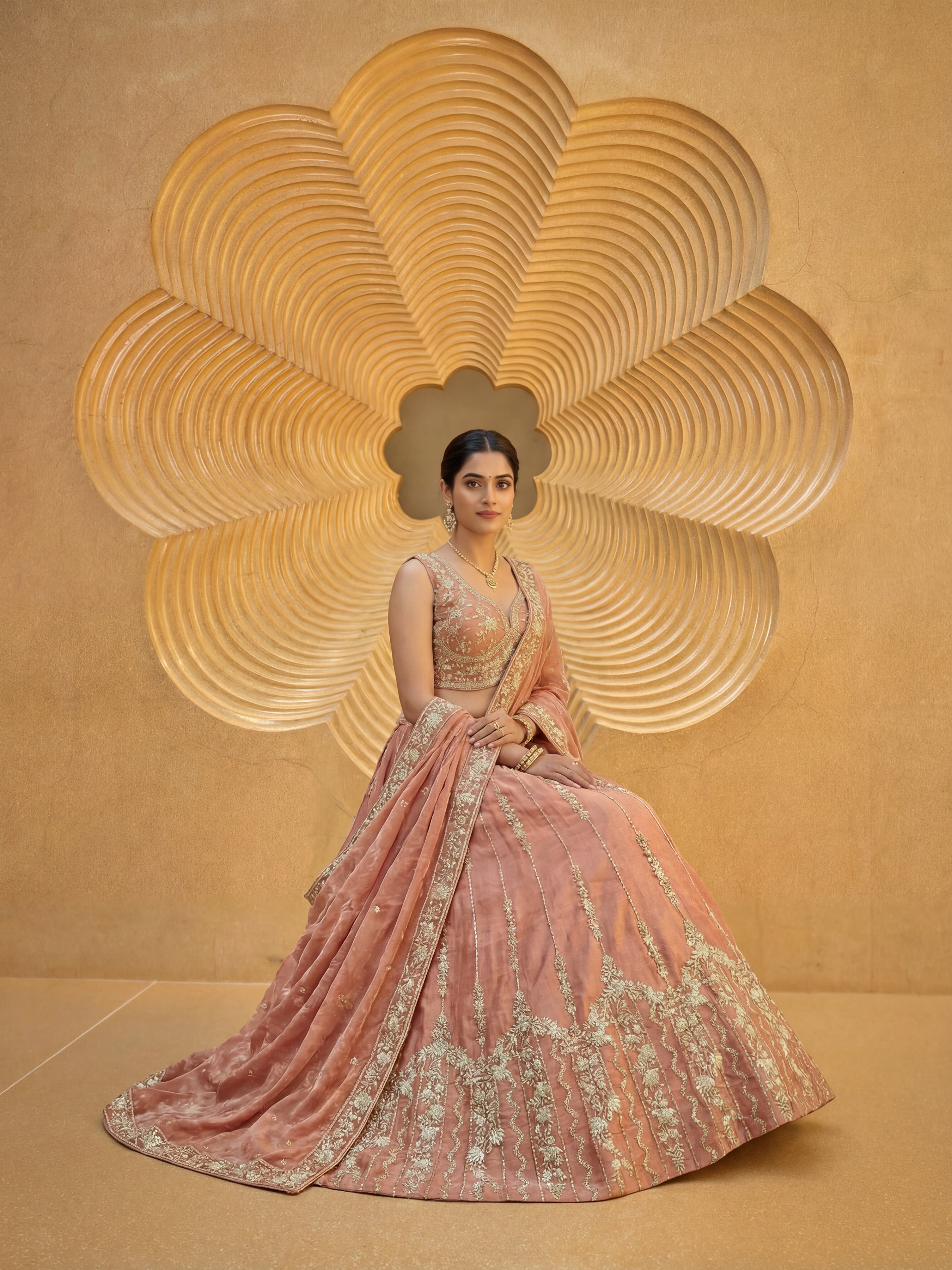 Rusty Orange Chiffon Lahenga with Zari Embroidery