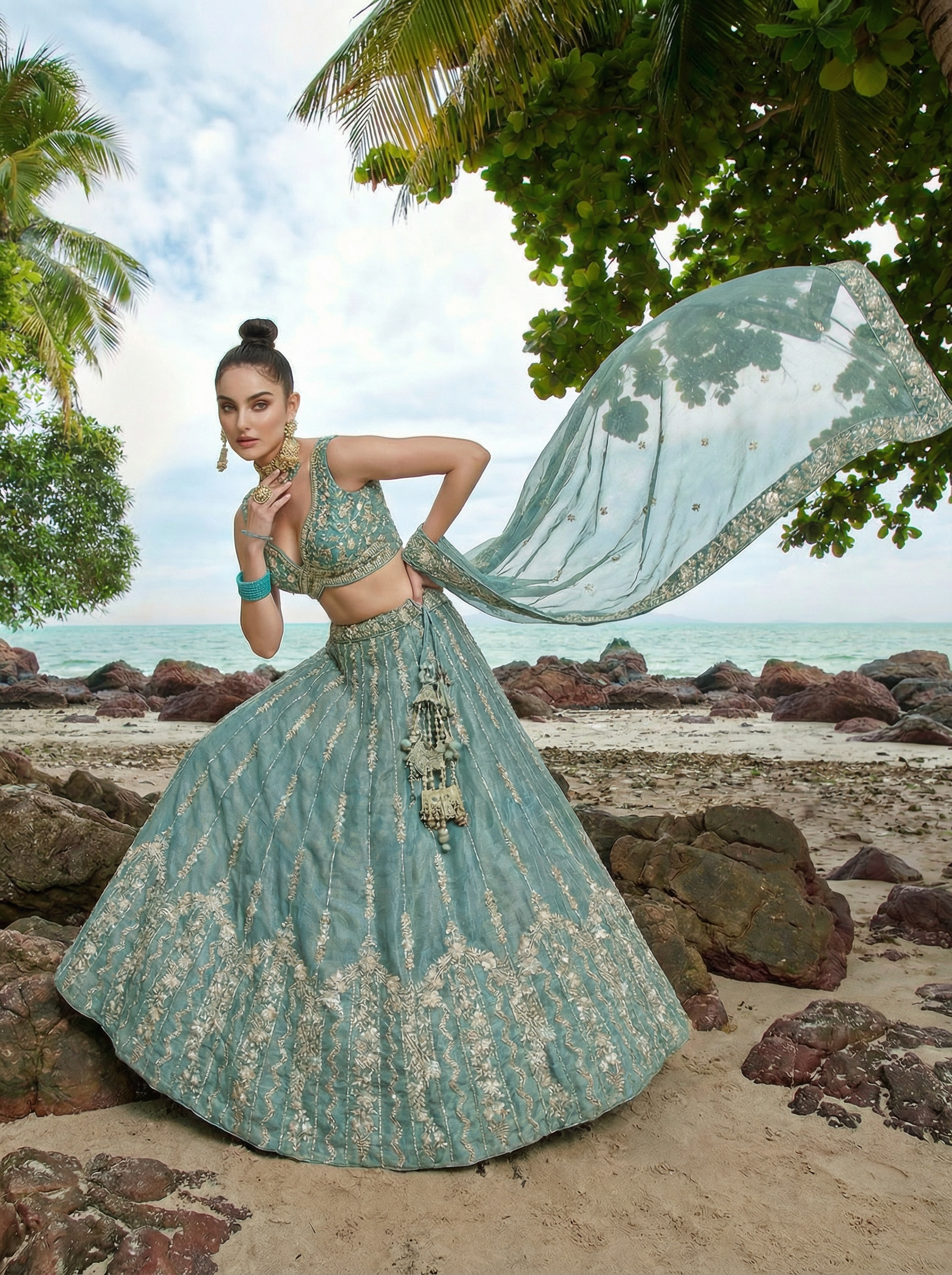 Turquoise Chiffon Lahenga with Zari Embroidery