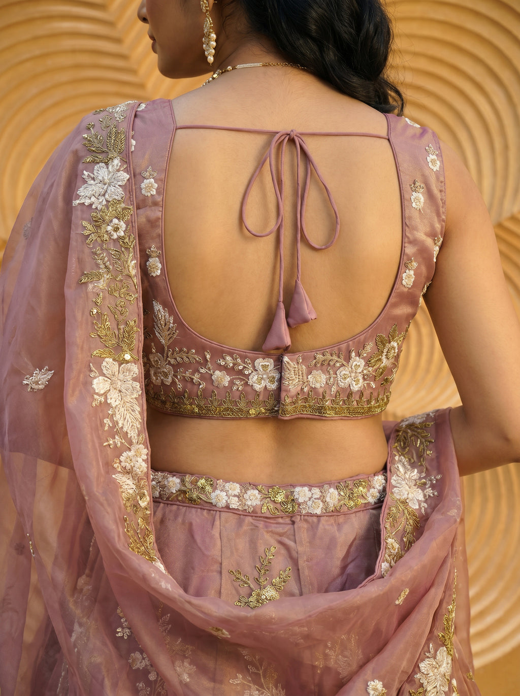 Rosegold Tissue Lahenga with beads sequince Embroidery