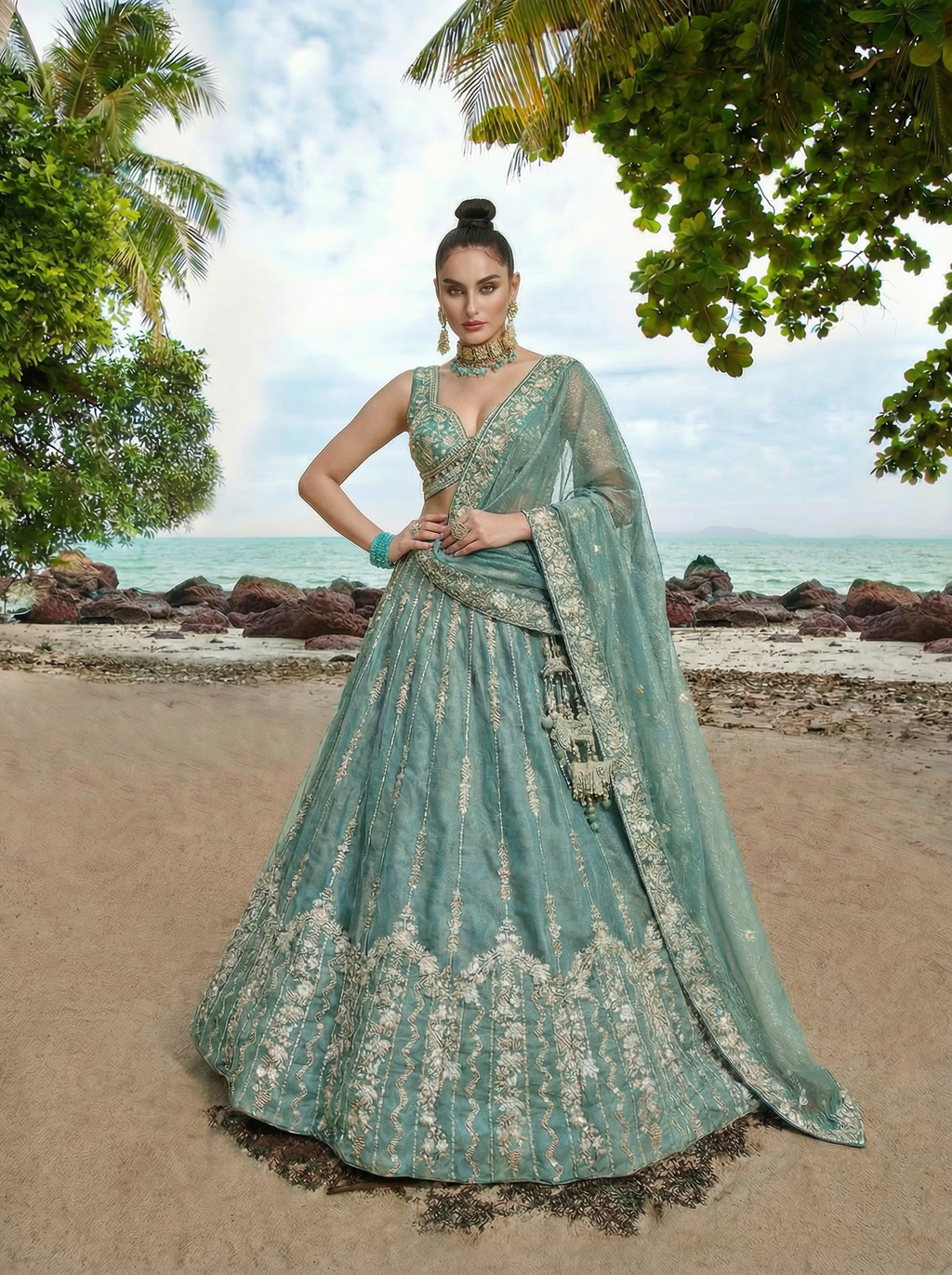 Turquoise Chiffon Lahenga with Zari Embroidery