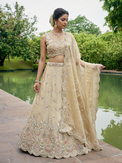Beige Tissue Lahenga with Mirror sequince Embroidery