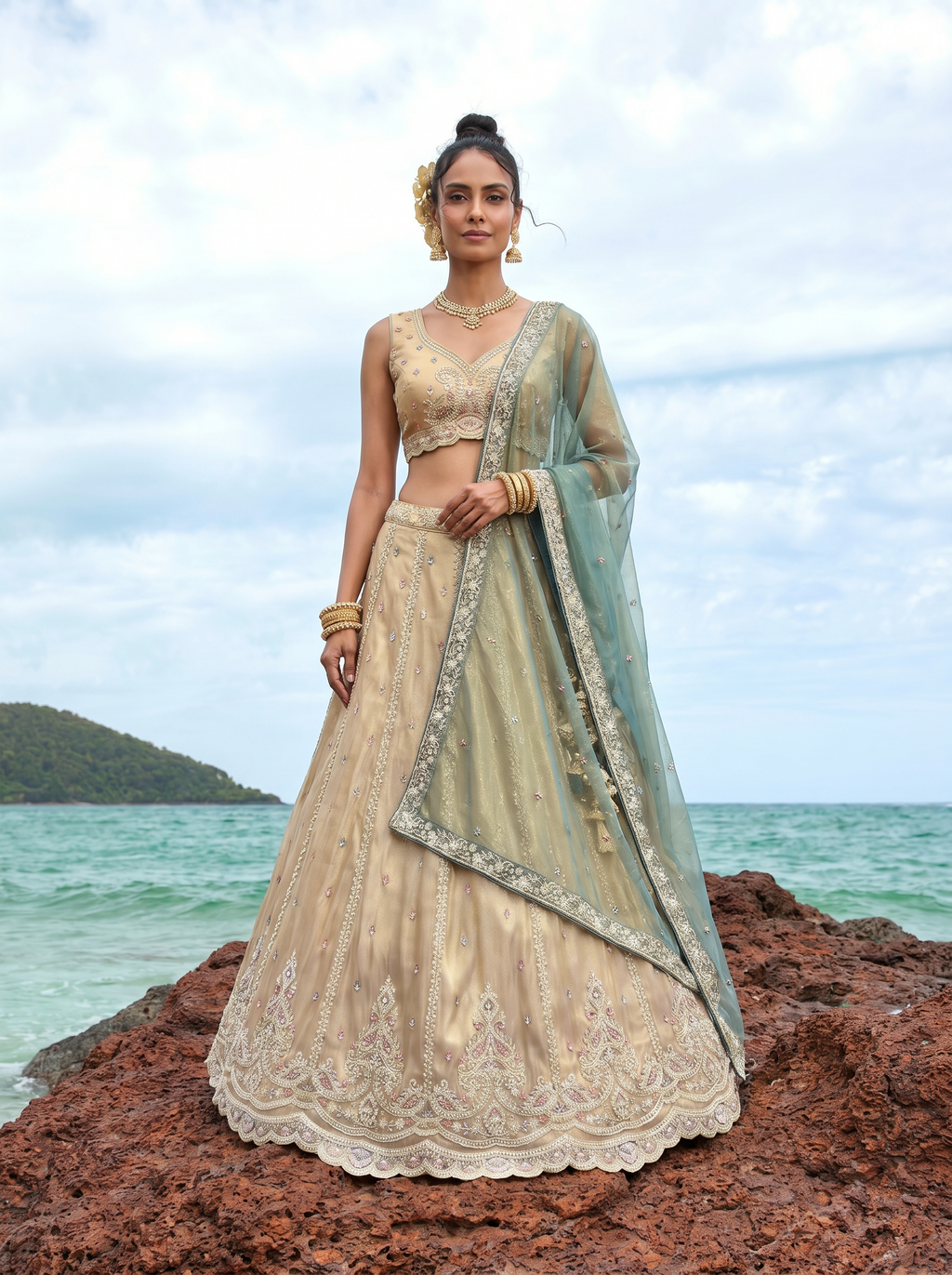 Teal Green Tissue Lahenga with Beads & Zari Embroidery