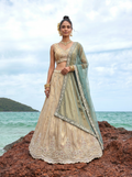 Teal Green Tissue Lahenga with Beads & Zari Embroidery