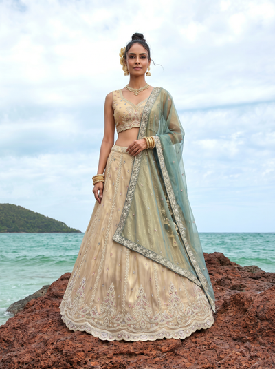 Teal Green Tissue Lahenga with Beads & Zari Embroidery
