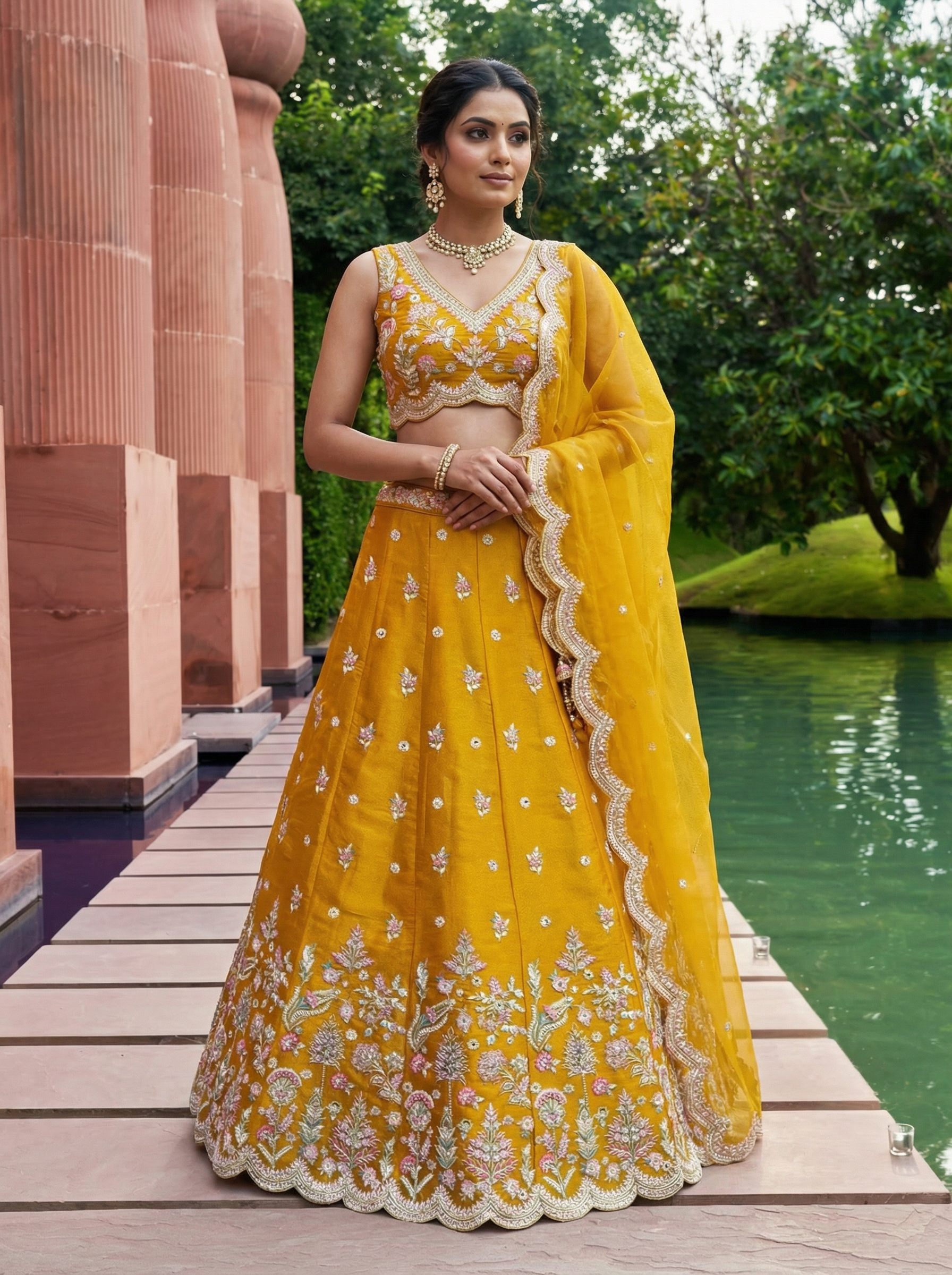 Mustard Tissue Lahenga with Mirror Sequince Embroidery