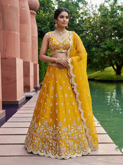 Mustard Tissue Lahenga with Mirror Sequince Embroidery