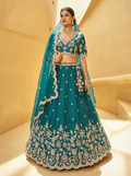 Teal Blue Tissue Lahenga With Mirror Sequince Embroidery