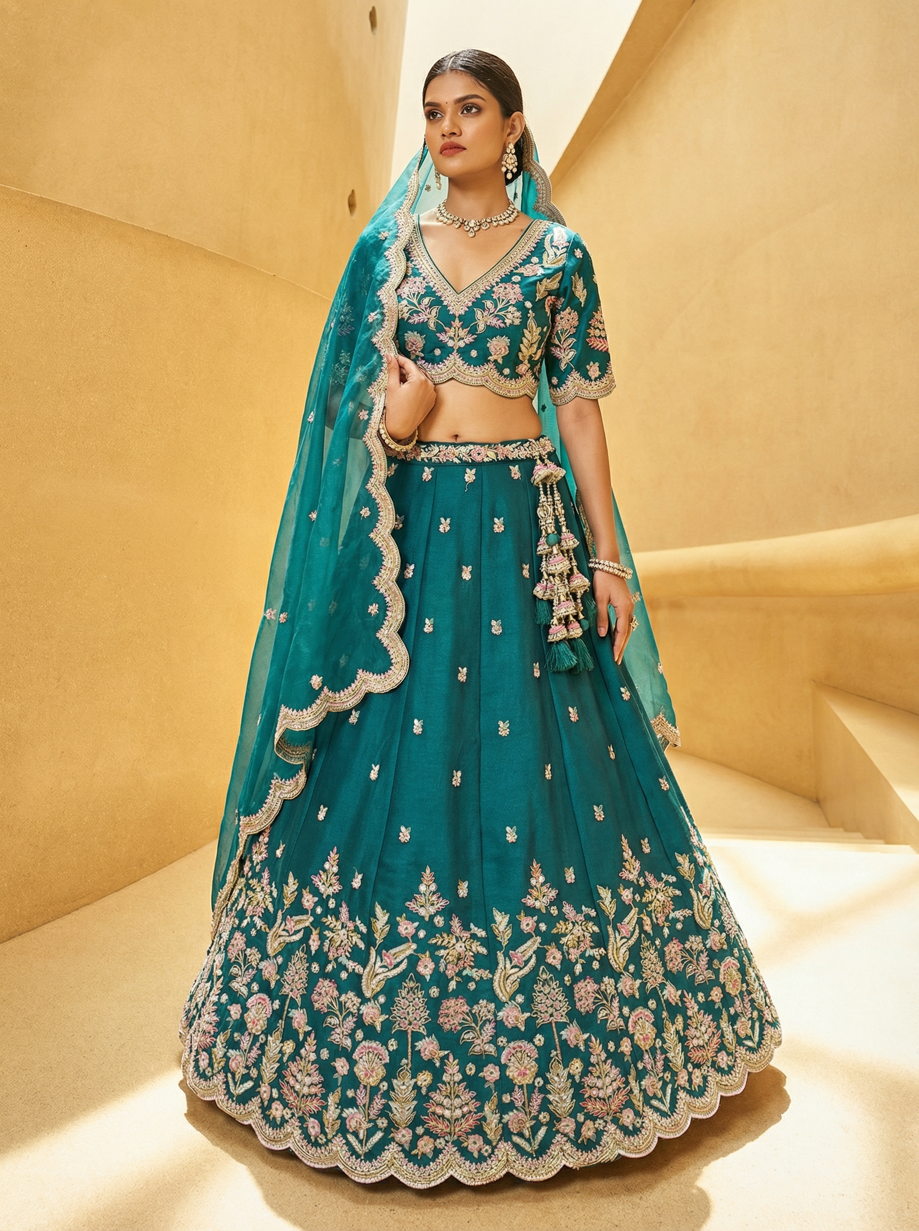 Teal Blue Tissue Lahenga With Mirror Sequince Embroidery