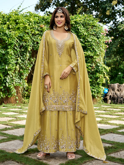 Mustard Chinnon Silk Beads & Sequince Embroidery Palazzo Set
