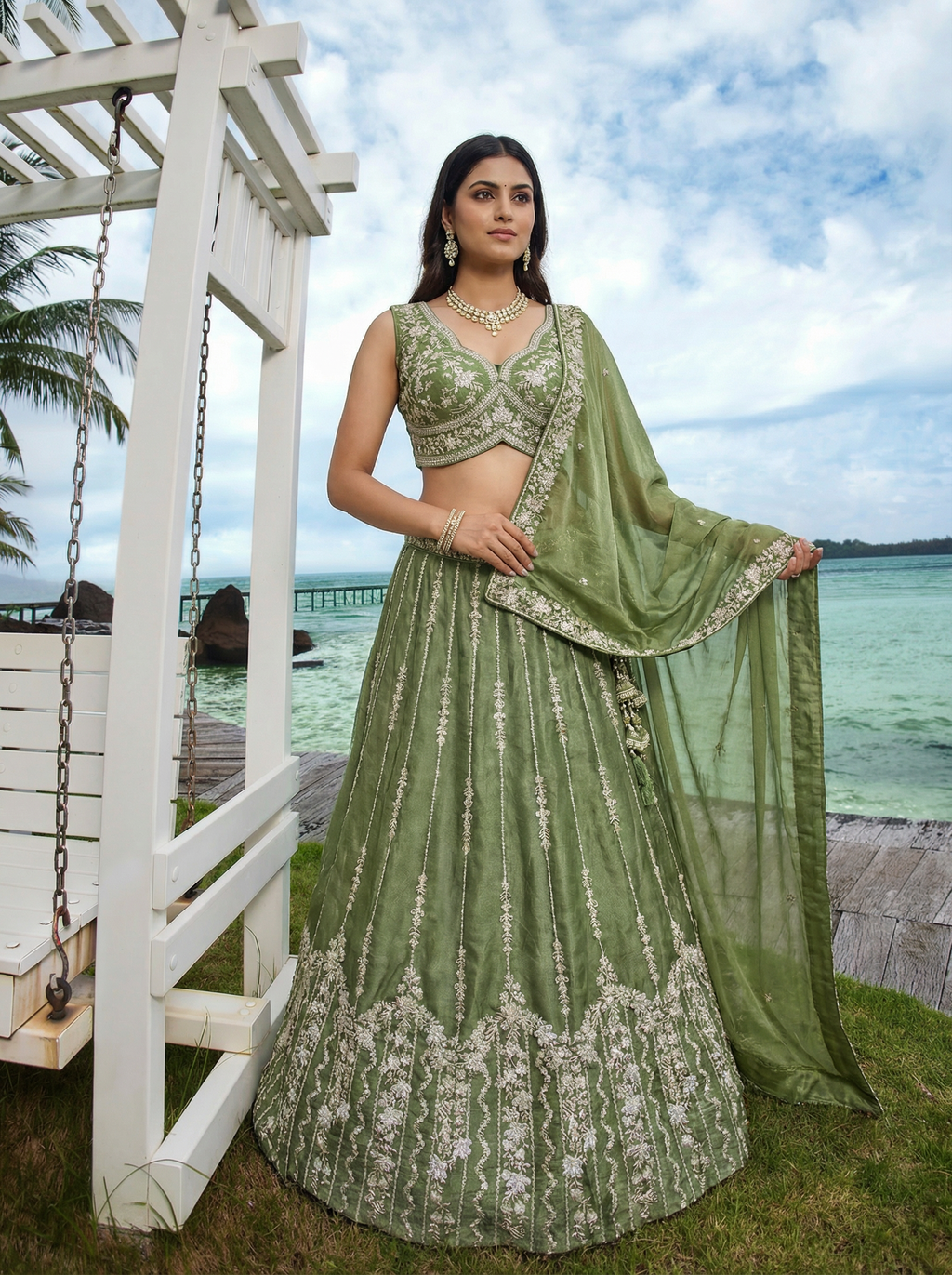 Pista Green Chiffon Lahenga with Zari Embroidery