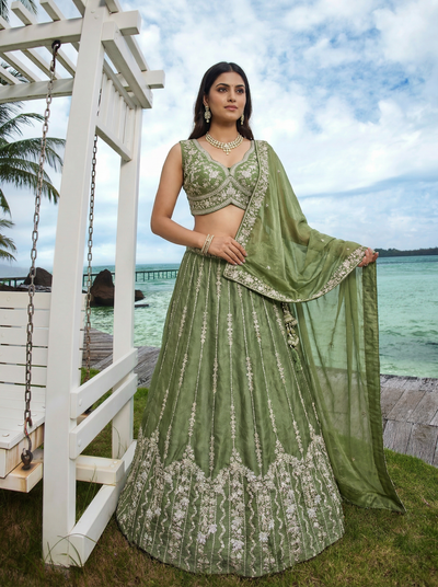 Pista Green Chiffon Lahenga with Zari Embroidery