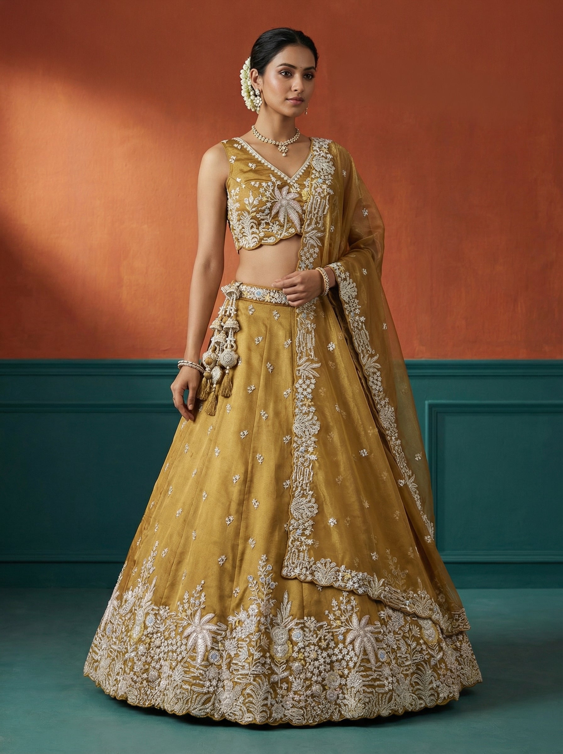 Mustard Tissue Lahenga with Moti Embroidery