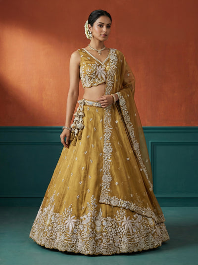 Mustard Tissue Lahenga with Moti Embroidery