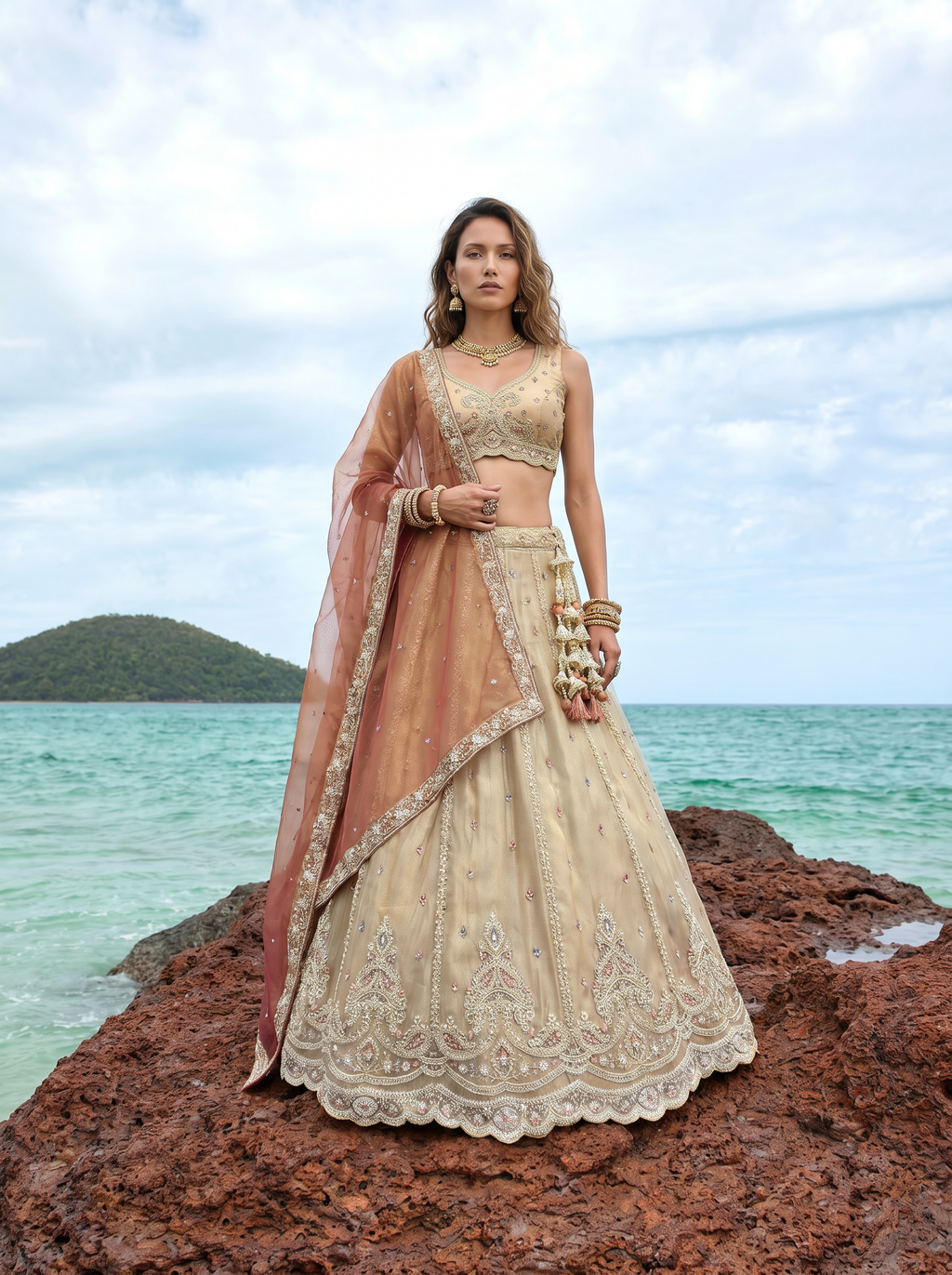 Rust Brown Tissue Lahenga with Beads & Zari Embroidery