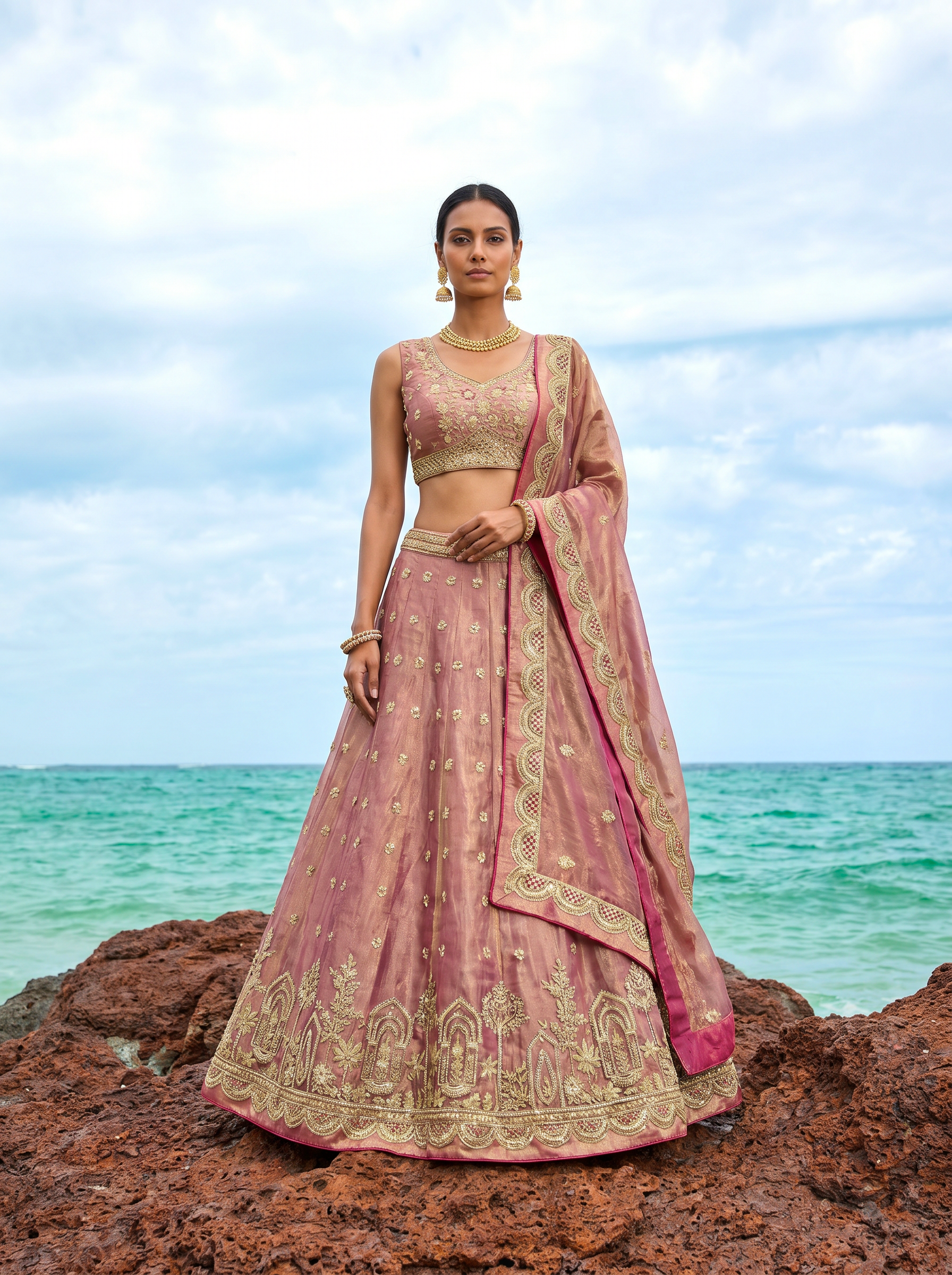 Rose Gold Tissue Lahenga with Sequince Embroidery