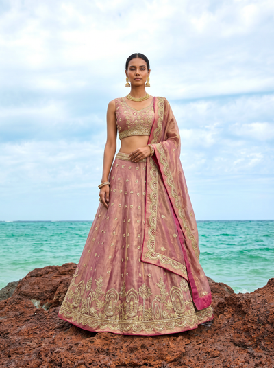 Rose Gold Tissue Lahenga with Sequince Embroidery