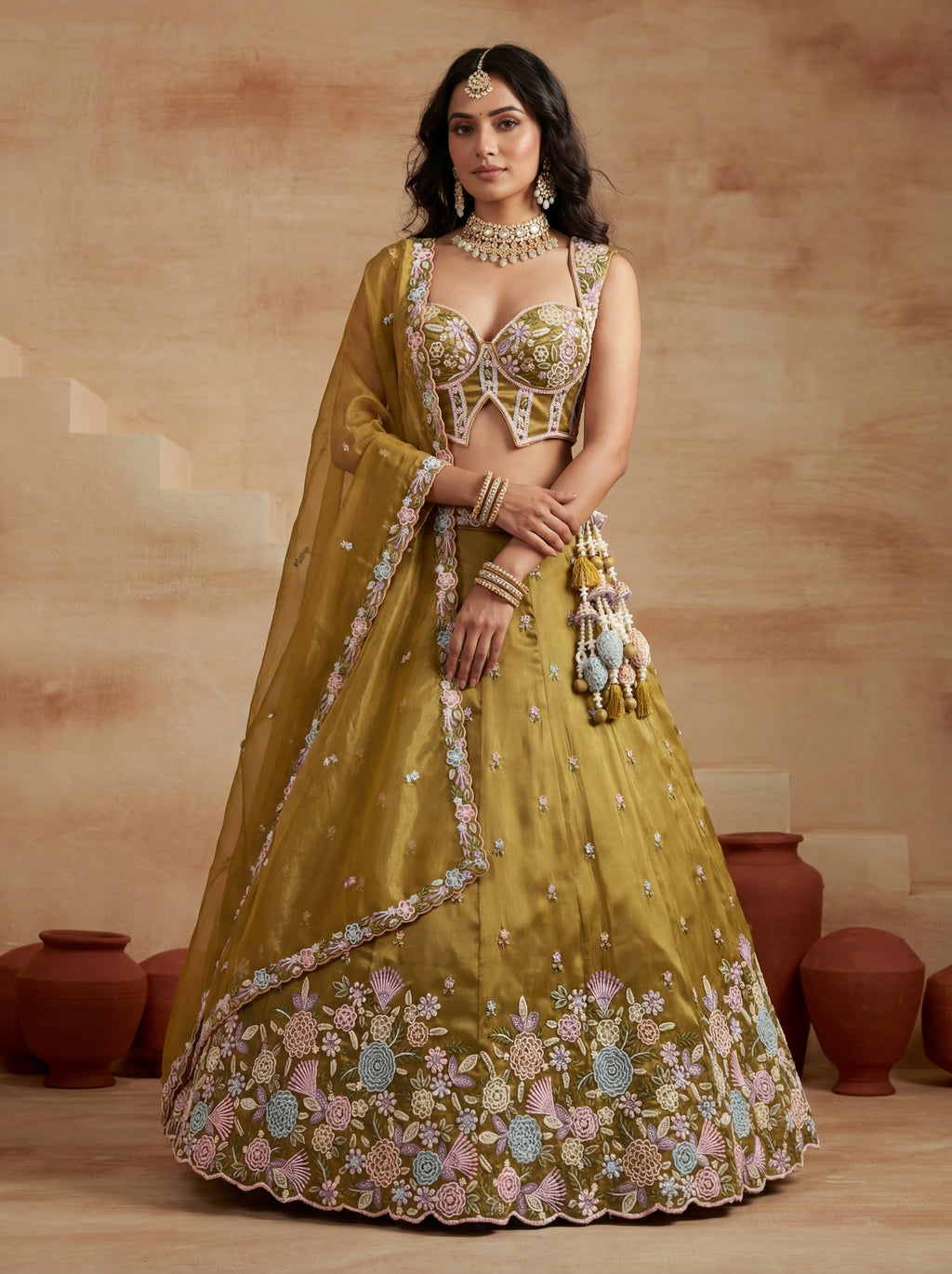 Mustard Tissue Lahenga with Moti Embroidery