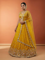 Mustard Chinnon Silk Lahenga with Motif Sequince Embroidery