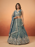 Peacock Blue Tissue Lahenga with Moti Embroidery