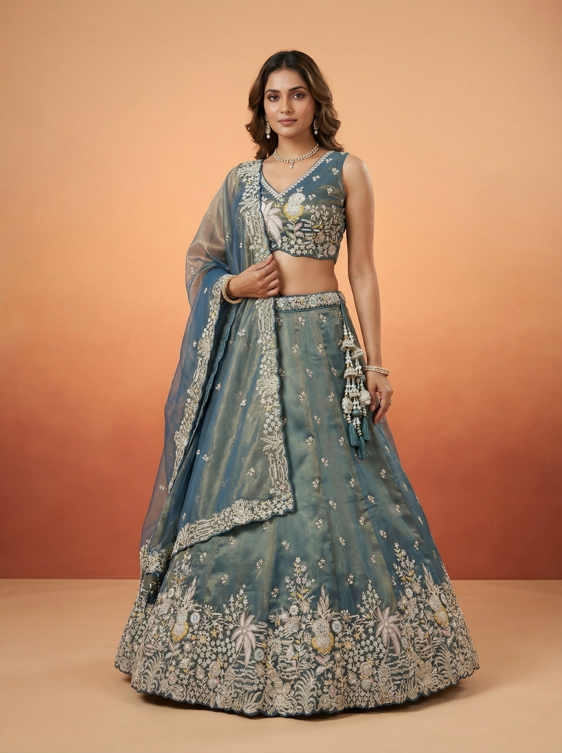 Peacock Blue Tissue Lahenga with Moti Embroidery