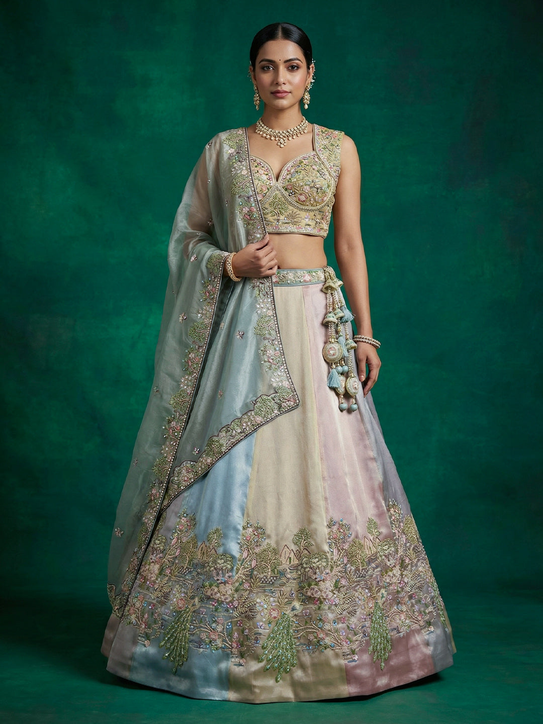 Multi-Color Organza Embroidered Lehenga Choli with Dupatta
