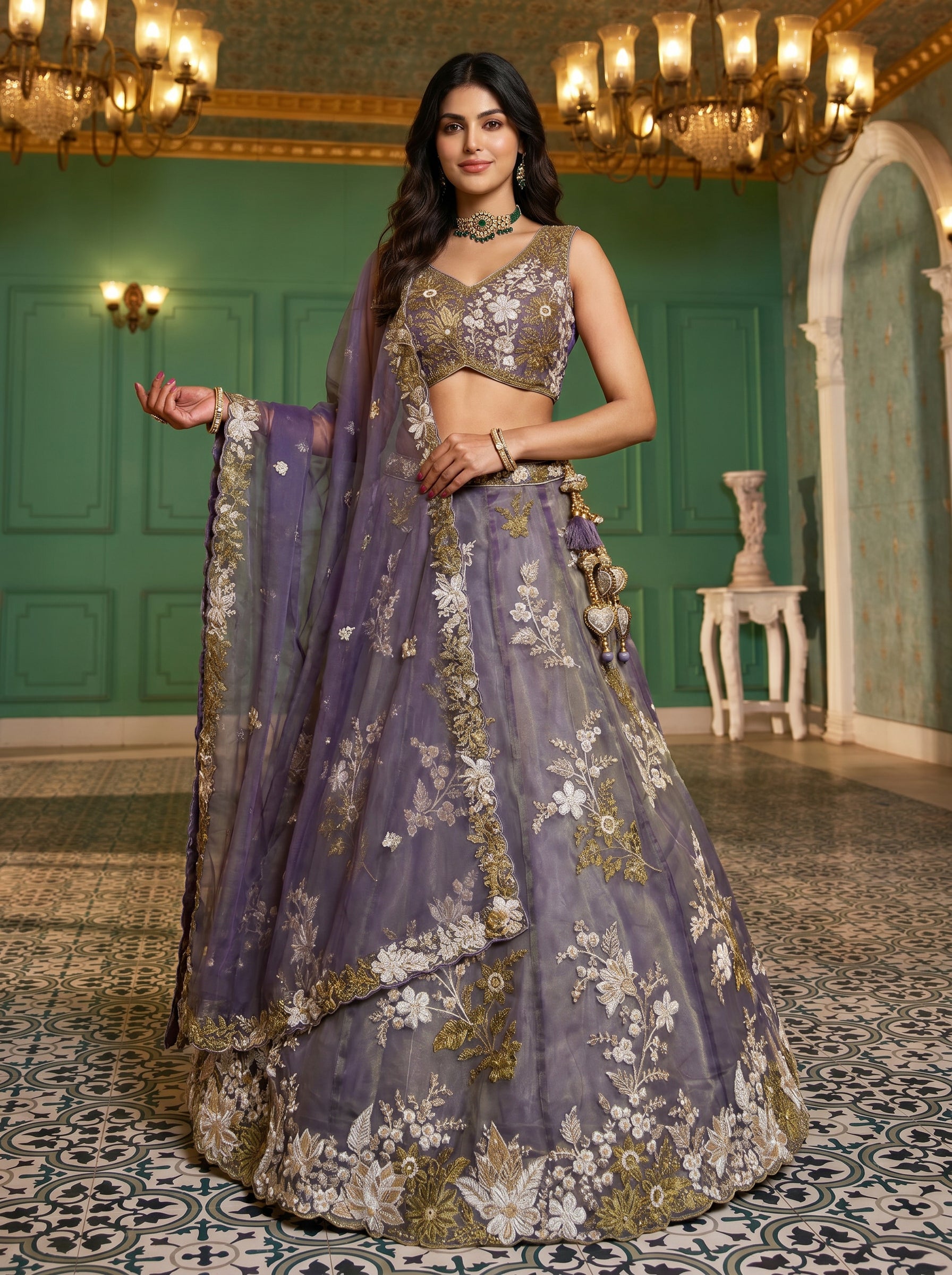 Shade of Purple Tissue Lahenga with beads sequince Embroidery