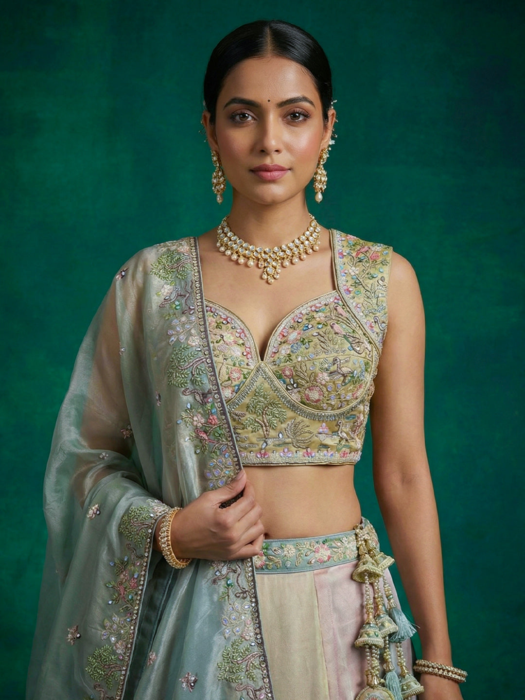 Multi-Color Organza Embroidered Lehenga Choli with Dupatta