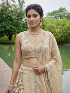 Beige Tissue Lahenga with Mirror sequince Embroidery