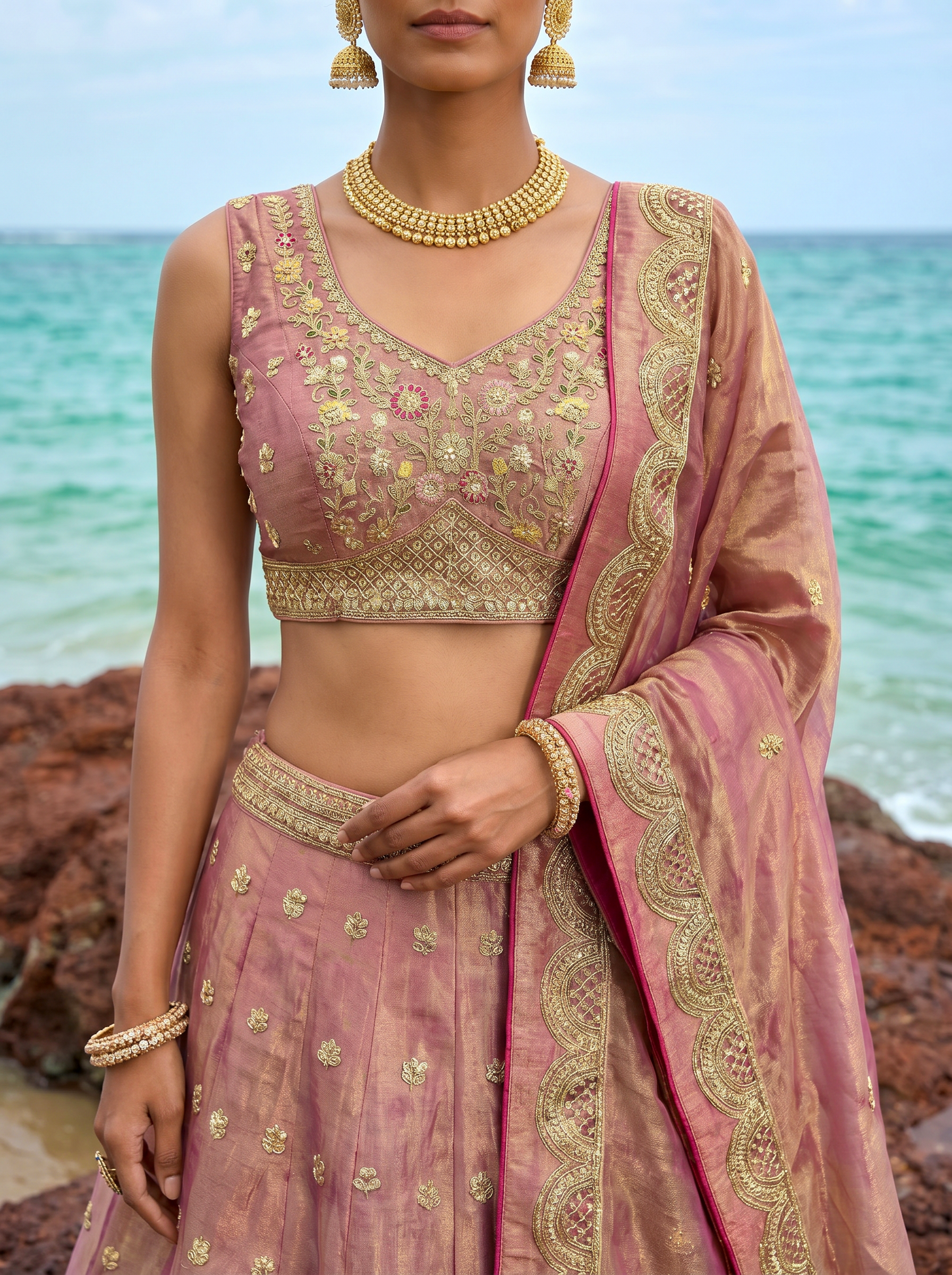 Rose Gold Tissue Lahenga with Sequince Embroidery