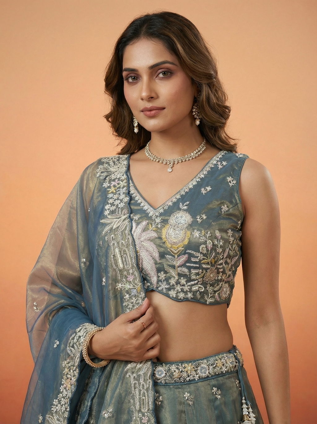 Peacock Blue Tissue Lahenga with Moti Embroidery