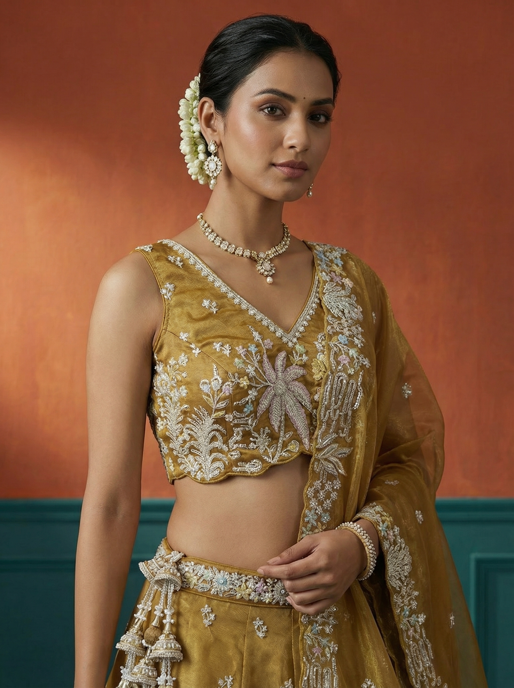 Mustard Tissue Lahenga with Moti Embroidery