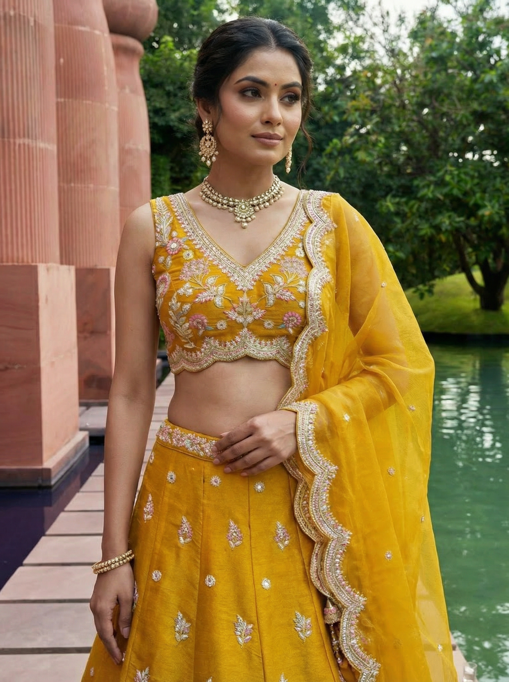 Mustard Tissue Lahenga with Mirror Sequince Embroidery