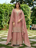 Mauve - Rose Gold Chinnon Silk Beads & Sequince Embroidery Palazzo set