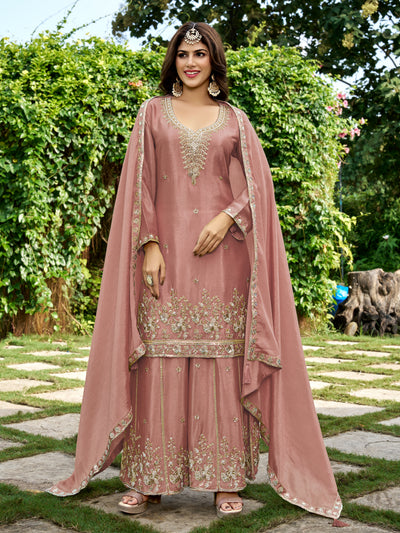 Mauve - Rose Gold Chinnon Silk Beads & Sequince Embroidery Palazzo set