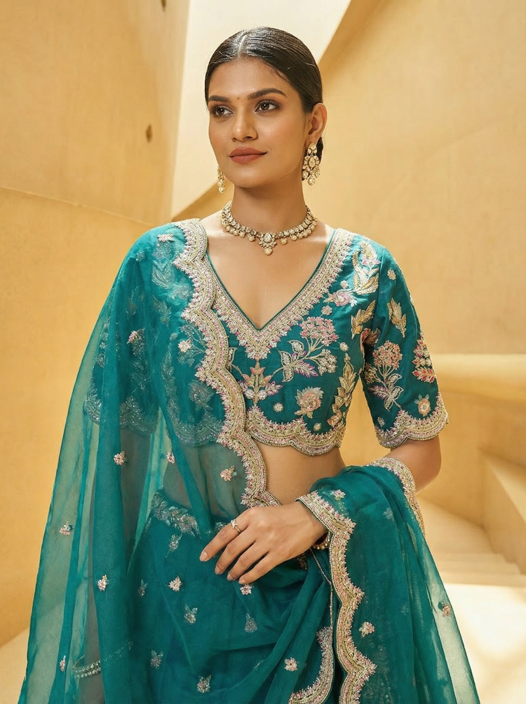 Teal Blue Tissue Lahenga With Mirror Sequince Embroidery