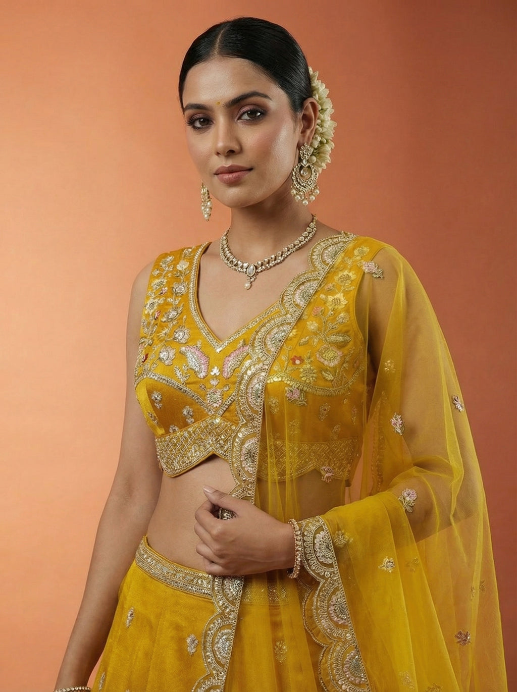 Mustard Chinnon Silk Lahenga with Motif Sequince Embroidery